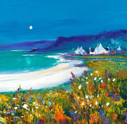 A vibrant painting of a coastal village with colorful foreground flowers, white sand beach, turquoise sea, mountainous backdrop, and a moonlit sky.By Janet McCrorie