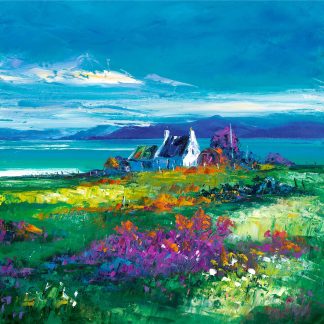 A vibrant, impressionistic painting of a cottage amidst colorful flora with mountains and a turquoise sea in the background.By Janet McCrorie
