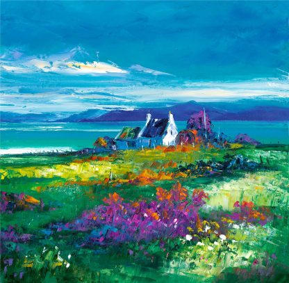 A vibrant, impressionistic painting of a cottage amidst colorful flora with mountains and a turquoise sea in the background.By Janet McCrorie