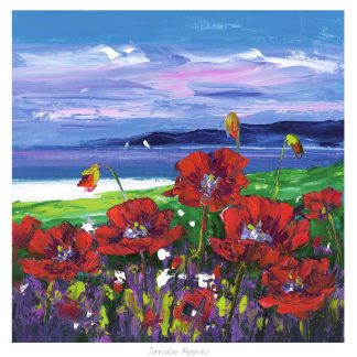 A colorful painting showcasing vibrant red poppies in the foreground with a scenic blue water landscape and purple mountains under a streaked pink and blue sky. By Janet McCrorie