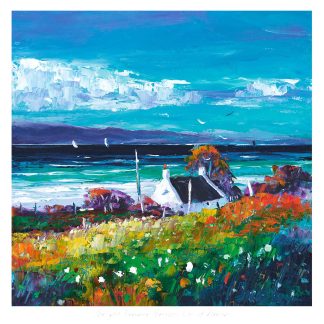 The image features a vibrant, impressionistic painting of a coastal scene with a white house amid colorful flowers and birds flying above teal waters.By Janet McCrorie