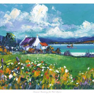 A vibrant painting of a coastal landscape featuring a white house, lush greenery, and a blue sea under a dynamic sky.By Janet McCrorie