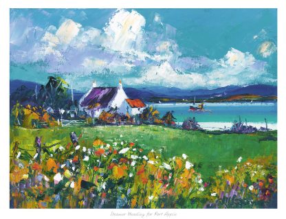 A vibrant painting of a coastal landscape featuring a white house, lush greenery, and a blue sea under a dynamic sky.By Janet McCrorie