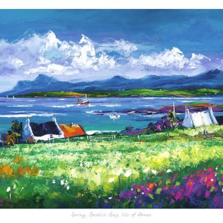 A vibrant painting depicting a coastal scene with colorful flowers in the foreground, buildings in the middle, and mountains across the sea in the background.By Janet McCrorie