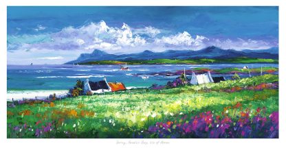 A vibrant painting depicting a coastal scene with colorful flowers in the foreground, buildings in the middle, and mountains across the sea in the background.By Janet McCrorie