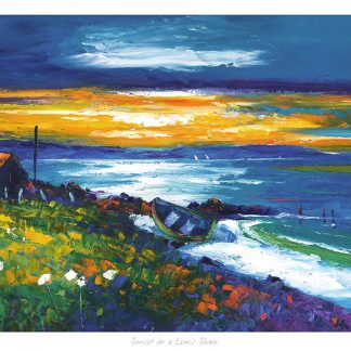 A colorful painting depicting a seaside landscape with a cottage, wildflowers in the foreground, a boat, and a dramatic sky.By Janet McCrorie