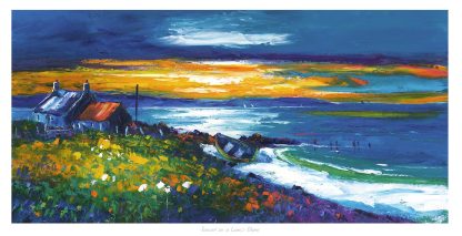 A colorful painting depicting a seaside landscape with a cottage, wildflowers in the foreground, a boat, and a dramatic sky.By Janet McCrorie