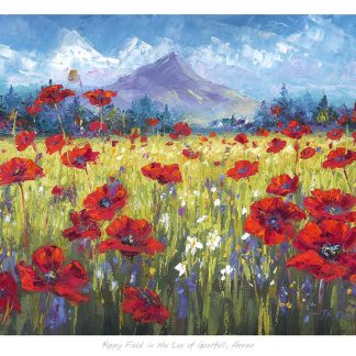 A painting of a vibrant poppy field with a mountain in the background under a blue sky.By Janet McCrorie