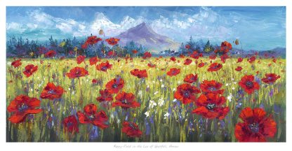 A painting of a vibrant poppy field with a mountain in the background under a blue sky.By Janet McCrorie