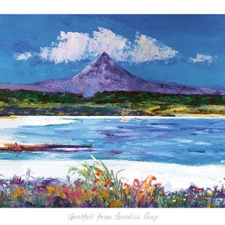 A vibrant painting of a scenic landscape with a prominent mountain, colorful flora, and a serene body of water under a dynamic sky.By Janet McCrorie