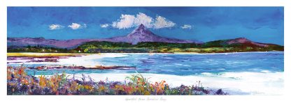 A vibrant painting of a scenic landscape with a prominent mountain, colorful flora, and a serene body of water under a dynamic sky.By Janet McCrorie