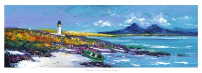 A colorful painting of a coastline with a lighthouse, flowers, mountains in the background, and a boat on the shore.By Janet McCrorie