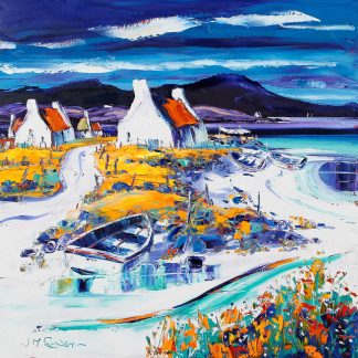 The image is a vibrant, expressionistic painting depicting a coastal village with boats and buildings, dominated by blue and orange hues.By Janet McCrorie