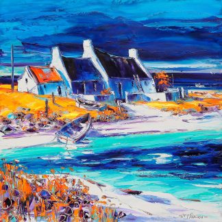 A colorful painting depicting seaside cottages with a boat on a shore, under a vibrant blue sky.By Janet McCrorie