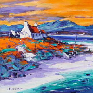 A vibrant, expressionist painting of a coastal scene with a white house, a boat, and strong blue and orange hues dominating the landscape.By Janet McCrorie