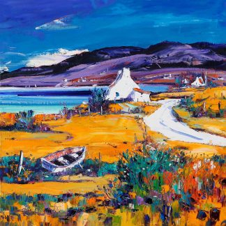 A vivid and colorful painting depicting a rural landscape with a white house, mountains in the background, and a boat on the foreground.By Janet McCrorie