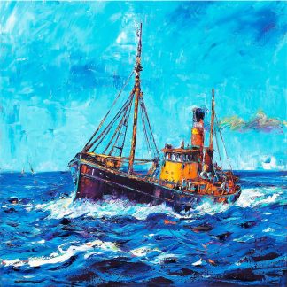 A colorful painting of a boat sailing on a vibrant blue sea under a bright sky.By Janet McCrorie