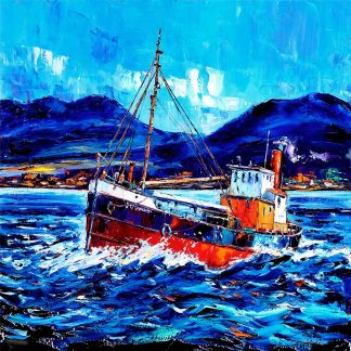 A colorful painting of a red and white boat sailing on vibrant blue waters with mountains in the background.By Janet McCrorie