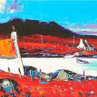 A vibrant, colorful painting of a coastal landscape with buildings, blue waters, and red foliage under a dynamic sky.By Janet McCrorie