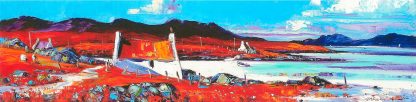 A vibrant, colorful painting of a coastal landscape with buildings, blue waters, and red foliage under a dynamic sky.By Janet McCrorie