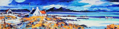 A vibrant, expressive painting of a coastal scene with buildings, a boat, and vivid blue water under a dynamic sky.By Janet McCrorie