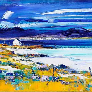 Vibrant coastal landscape painting with houses, boats, and dynamic blue skies.By Janet McCrorie