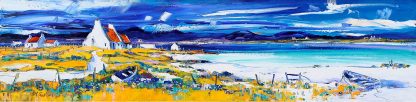 Vibrant coastal landscape painting with houses, boats, and dynamic blue skies.By Janet McCrorie