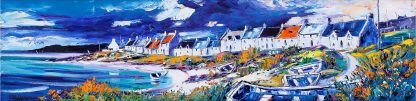 A vibrant and colorful impressionist painting of a coastal village with houses and a beach under a dynamic sky.By Janet McCrorie