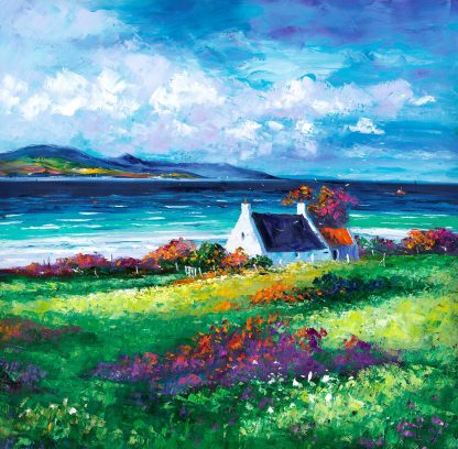 A vibrant painting of a white cottage by the sea, surrounded by colorful flora under a lively sky.By Janet McCrorie
