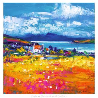 A vibrant, colorful painting depicting a scenic landscape with a white house, mountains in the background, and a foreground of striking yellow fields.By Janet McCrorie