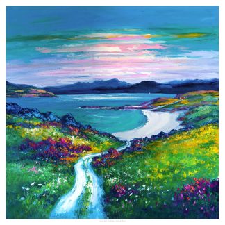 A vibrant painting depicting a scenic view of a pathway leading to a coast with colorful flora and a sunset over mountains in the distance.By Janet McCrorie