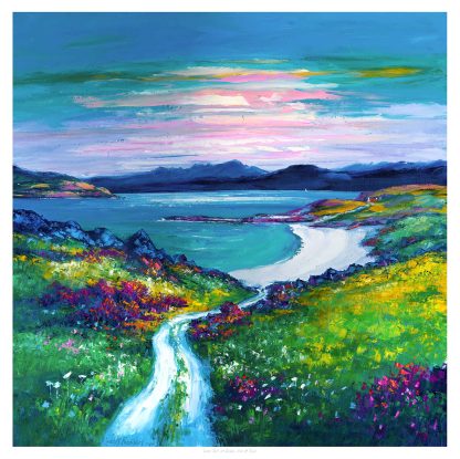 A vibrant painting depicting a scenic view of a pathway leading to a coast with colorful flora and a sunset over mountains in the distance.By Janet McCrorie