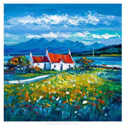The image depicts a vibrant, colorful painting of a rural landscape with a white cottage, flowers in the foreground, and mountains in the background.By Janet McCrorie