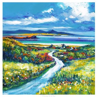 The image is a colorful, impressionistic painting of a scenic landscape featuring a winding path through vibrant fields with a view of the sea and sky.By Janet McCrorie