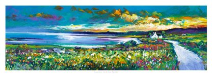An expressive, colorful landscape painting depicting a vibrant seaside scene with wildflowers, a road, and houses under a dynamic sky.By Janet McCrorie