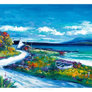 A vibrant painting depicting a coastal landscape with a cottage, colorful flora, and a bright blue sea under a dynamic sky.By Janet McCrorie