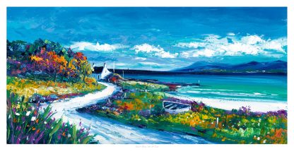 A vibrant painting depicting a coastal landscape with a cottage, colorful flora, and a bright blue sea under a dynamic sky.By Janet McCrorie