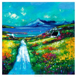 A vibrant, impressionistic painting depicting a colorful landscape with a path leading towards a mountain and body of water.By Janet McCrorie. By Janet McCrorie
