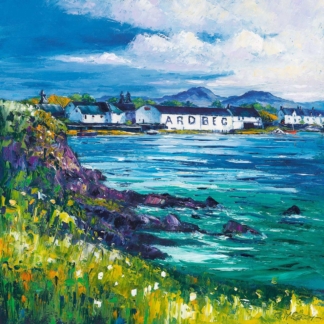 A vibrant, impressionistic painting of coastal scenery featuring the Ardbeg distillery, with lush greenery and a dynamic sky.