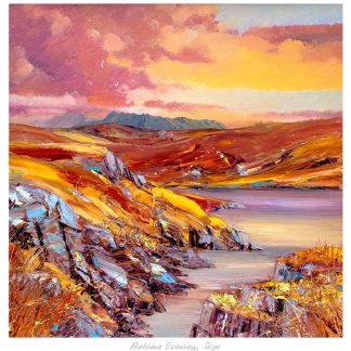 A vibrant painting depicting an autumn evening landscape with colorful skies and a view of the coast on the Isle of Skye. By John Bathgate