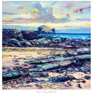 The image shows a vibrant, textured painting of a coastal scene with a distinct rock formation in the distance and colorful skies above. By John Bathgate