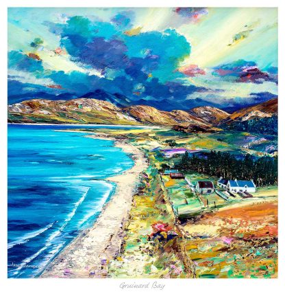 A vibrant painting depicting the dynamic landscape of Gruinard Bay with vivid blues of the sea, lush terrain, and expressive skies. By John Bathgate