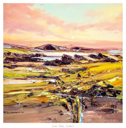 A vibrant, textured painting depicting a scenic low tide landscape with vivid yellow tones and hints of blue sky. By John Bathgate