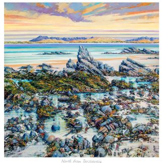 A colorful painting depicting a rugged coastline with rocky outcrops and calm waters, under a vast sky with distant mountains. By John Bathgate