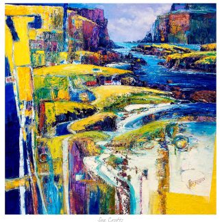 The image showcases an abstract, colorful painting featuring stylized representations of cliffs, water, and coastal landforms. By John Bathgate