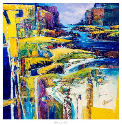 The image showcases an abstract, colorful painting featuring stylized representations of cliffs, water, and coastal landforms. By John Bathgate