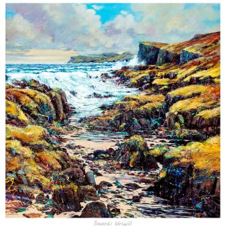 A colorful painting of a rugged coastal landscape with rocky shores and turbulent sea waves under a dynamic sky. By John Bathgate