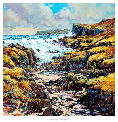 A colorful painting of a rugged coastal landscape with rocky shores and turbulent sea waves under a dynamic sky. By John Bathgate