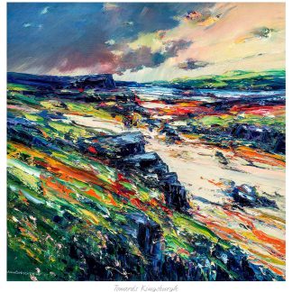 A vibrant and textured painting depicting a dynamic coastal landscape with lively brush strokes and a colorful palette under a dramatic sky. By John Bathgate