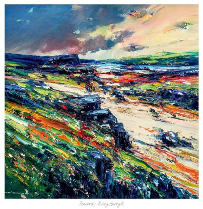 A vibrant and textured painting depicting a dynamic coastal landscape with lively brush strokes and a colorful palette under a dramatic sky. By John Bathgate